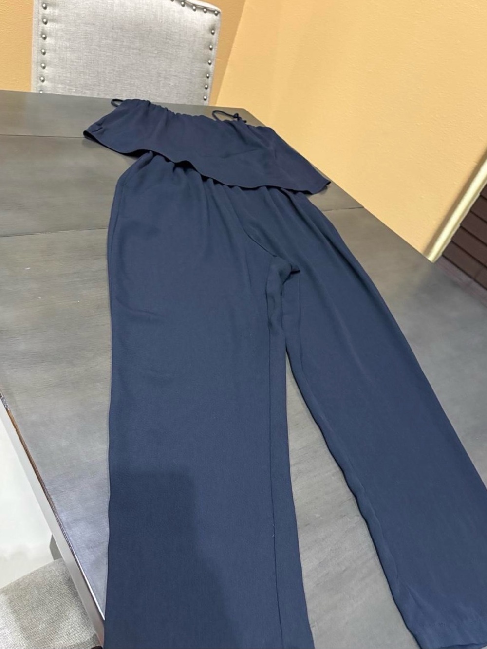 Off-Shoulder Navy Wide-Leg Jumpsuit